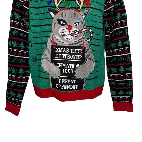 NWT Blizzard Bay Cat Inmate Sweater Mens M Christmas Holiday Tree Destroyer - Picture 3 of 9
